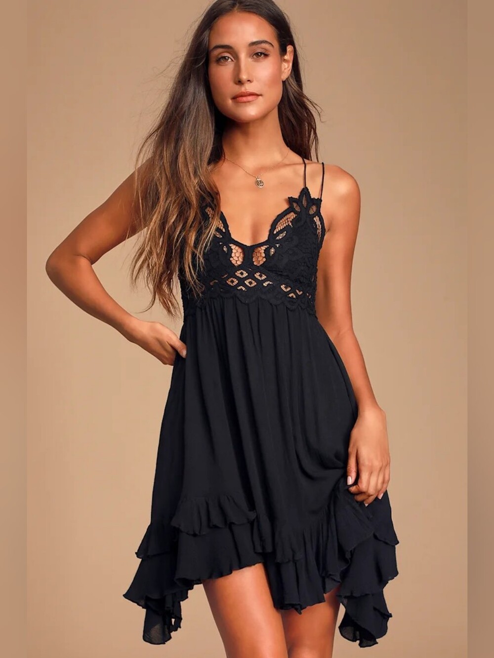 Free People FP One Adella Slip Mini Dress Black Lace Crochet Ruffle Boho Medium
